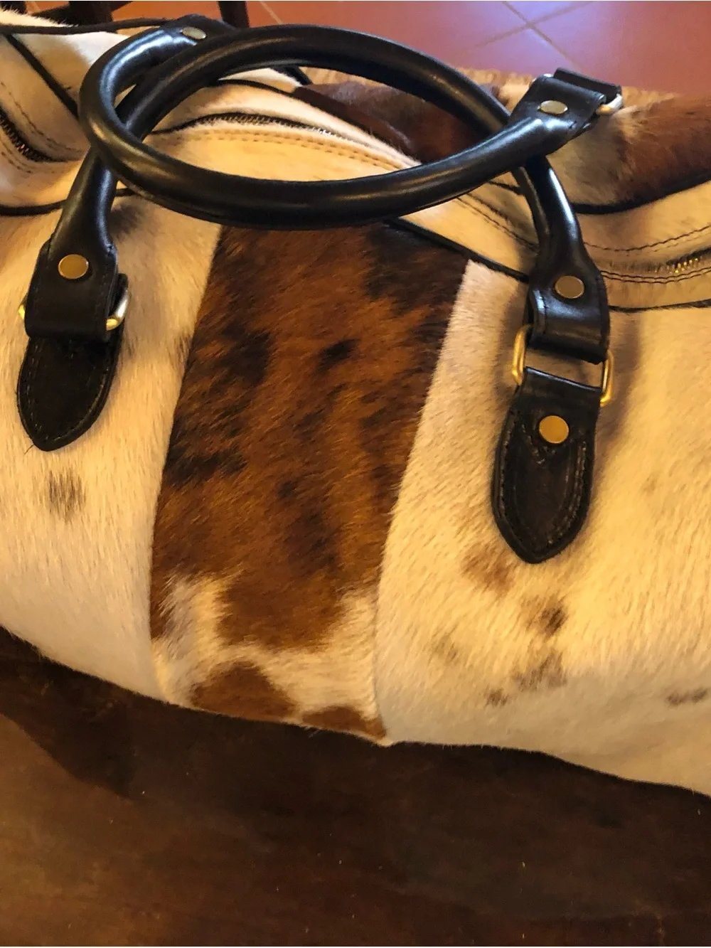 Italian Italy Brown and White Cowhide Leather Men’s Duffle Shoulder Bag